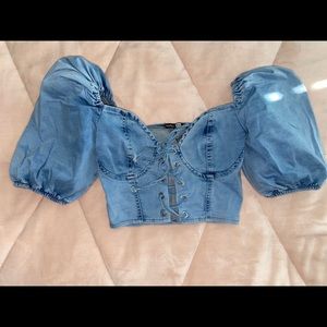 BRAND NEW! Denim crop top with puffer sleeves